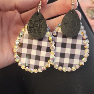 Chic Black and White Checkered Earrings with Crystal Accents